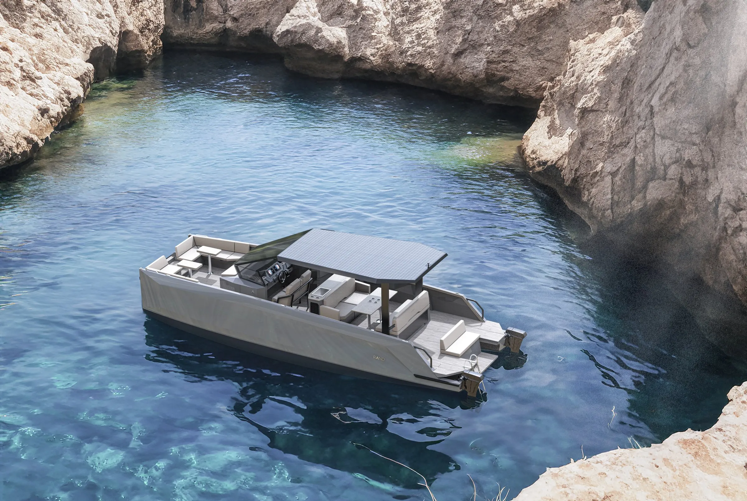 Serene 33 at anchor in a rocky cove (render)